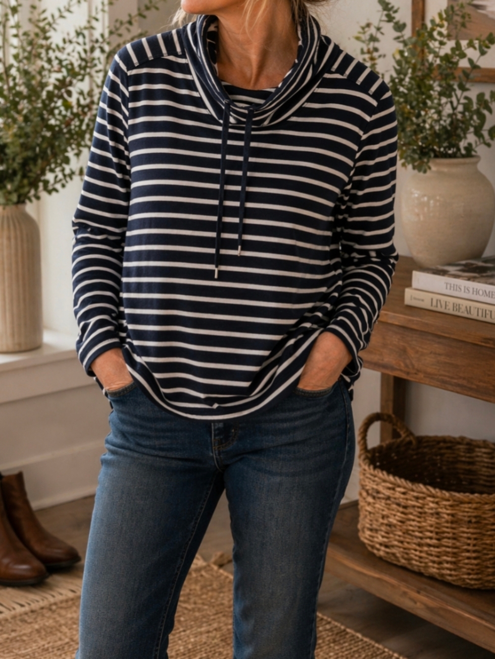 Karen Scott | Women's XL | Coastal Vibe | Funnel Neck Pull-Over | Navy & White